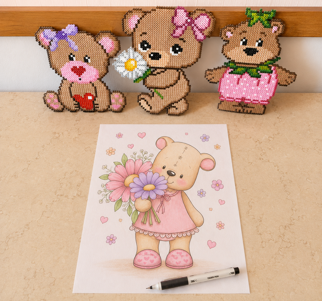 Bamse med blomst med farve eller sort hvid