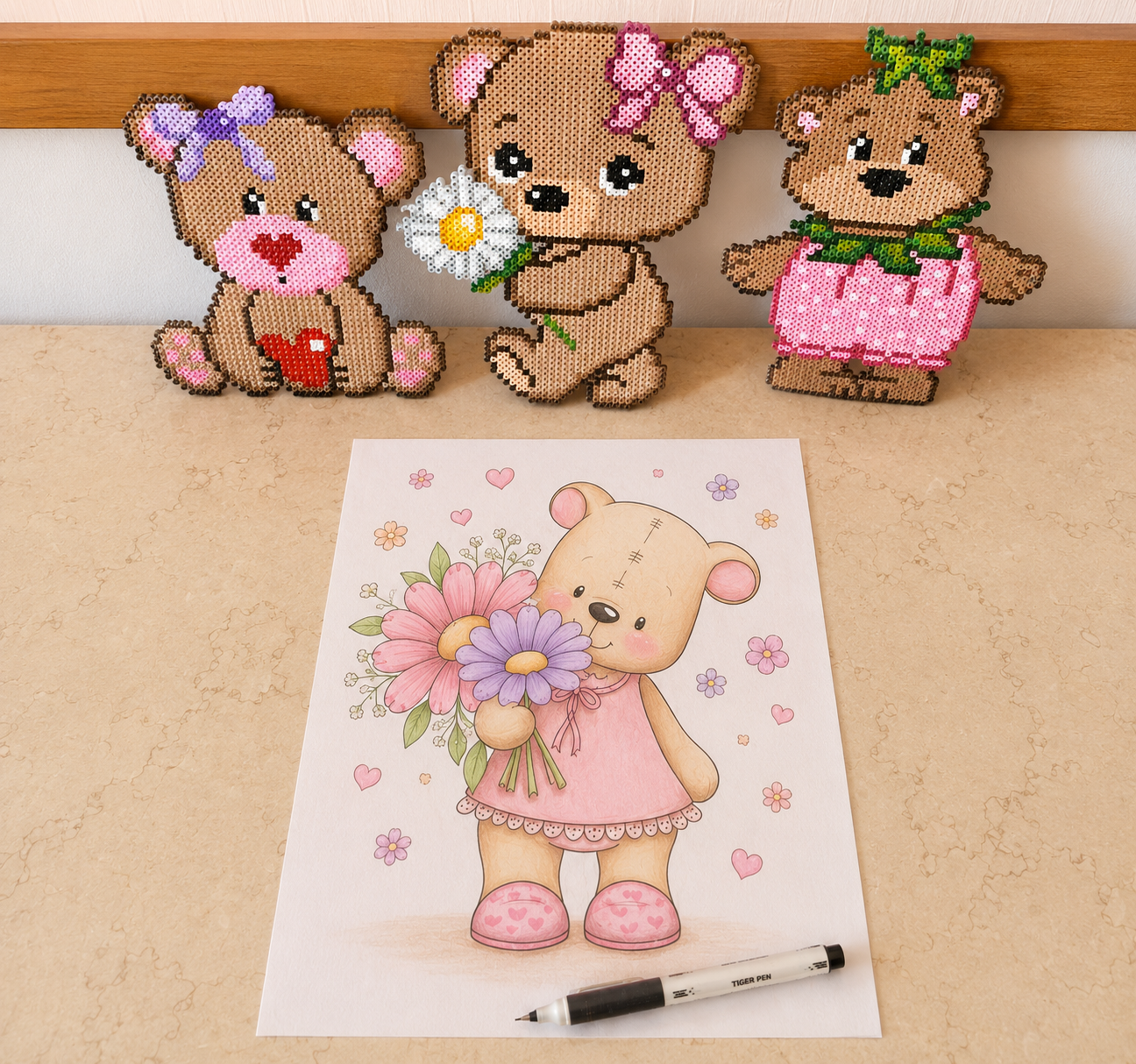 Bamse med blomst med farve eller sort hvid